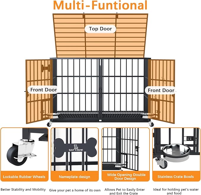 aboxoo 48 inch Stackable Heavy Duty Metal Dog Crate for 4 Dogs/Large Dog,All Metal Open Top Access,Escape Proof Cage,Dog Kennel Indoor with Wheels,Floor Grid, Tray, Divider and Feeding Bowl