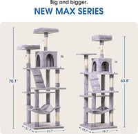 MWPO 70.1-Inch Large Cat Tree, Multi-Level Tall Cat Tower for Indoor Cats, Plush Cat Condo with Big Padded Perches, Sisal-Covered Scratching Posts, Hammock, Toys for Kittens & Cats - Light Grey