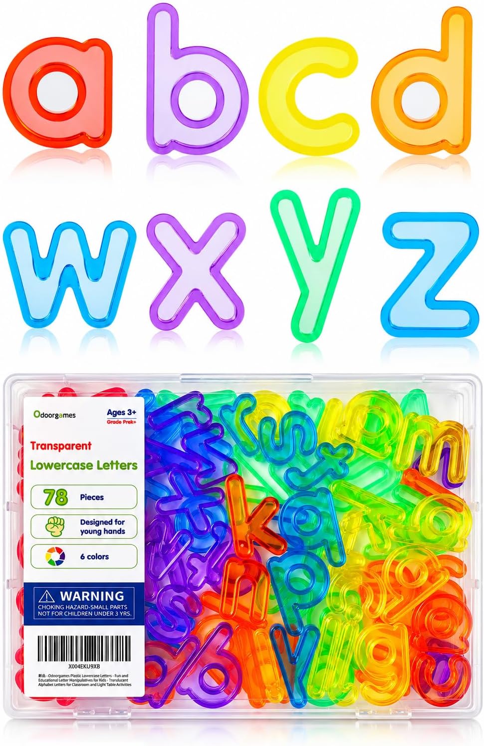 Odoorgames 78 translucent lowercase letters in 6 colors glowing on a light table - view 3