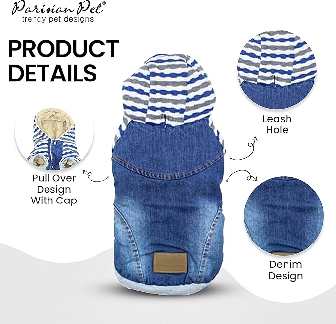 Parisian Pet Basic Dog Hoodie – Lightweight Denim Striped Hoodie - Dog Sweatshirt – Pullover Hoodies for Dogs with Leash Hole and Pockets – Blue Cotton Dog Clothes for Large Dogs - L