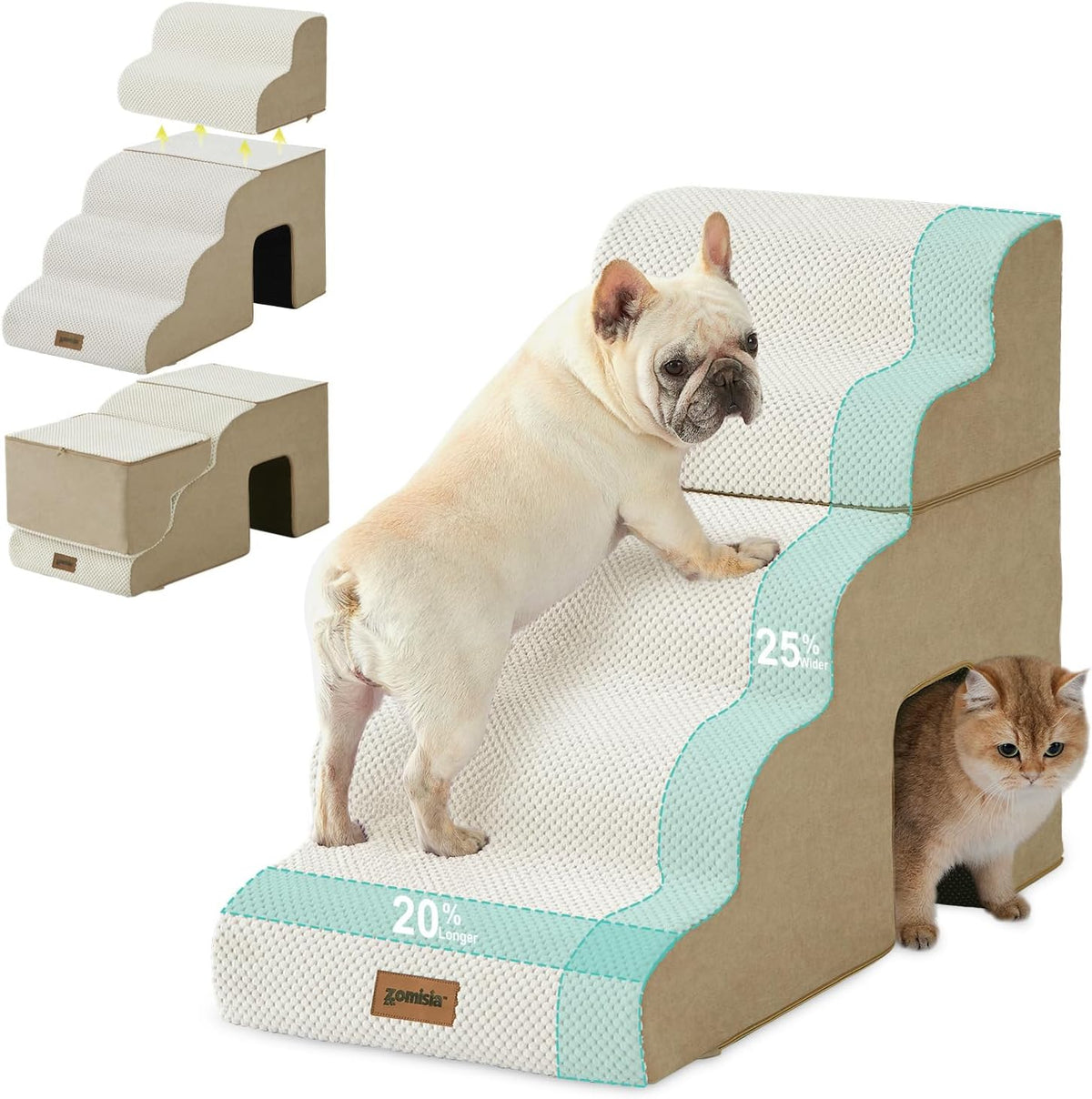 Dog Ramp for Large Dogs with Tunnel, 24" H 5 Steps for High Bed – Essentials for Dogs - 5-Steps Curved / Beige Fleece