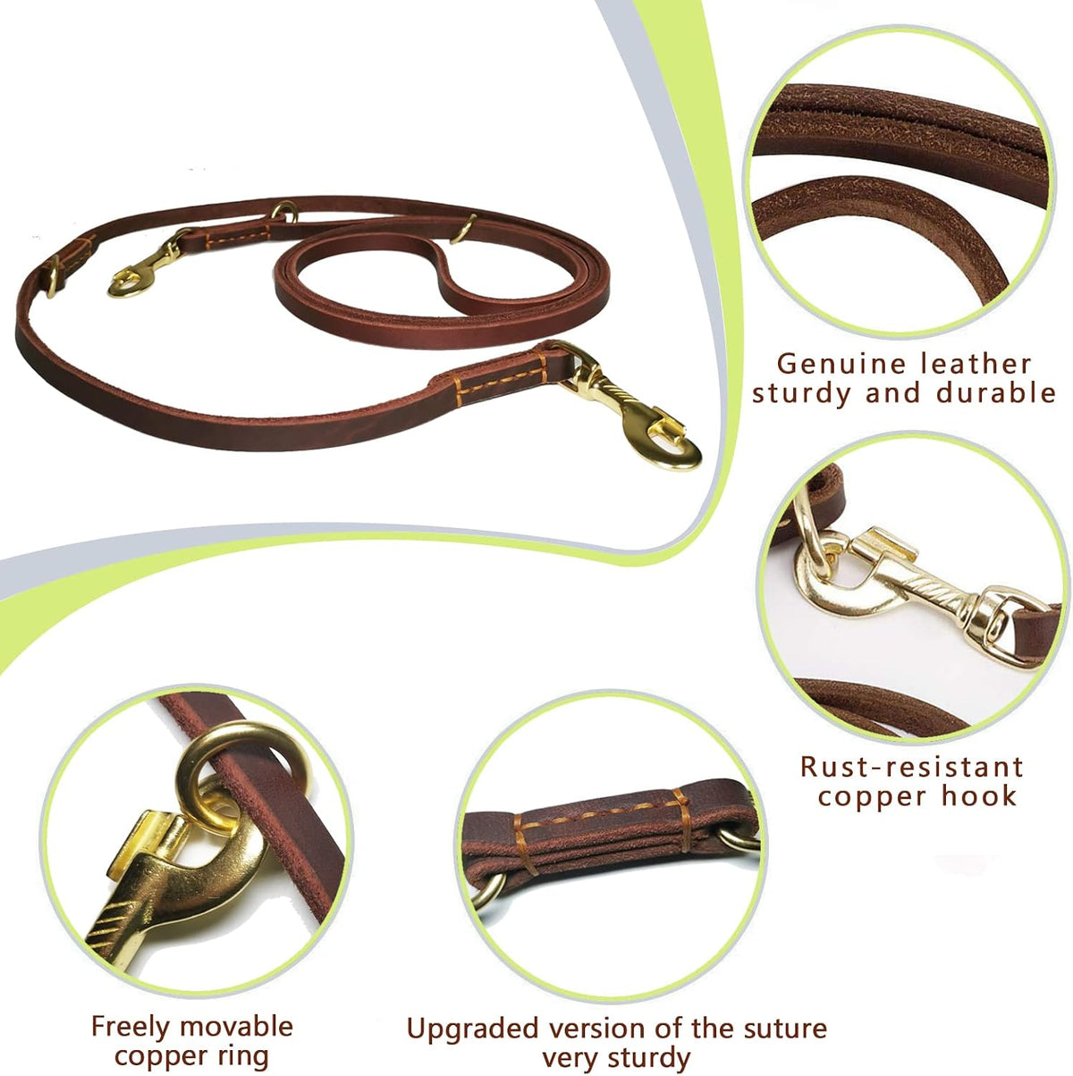 LWBMG Multi Function Leather Dog Leash 8ft Genuine Leather Leash - 8ft x 5/8inch / Brown - image 2