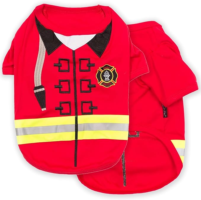 Parisian Pet Embroidered Dog Firefighter Costume - 100% Cotton and Polyester - Sleeved Pet Shirt - Red - 2XL