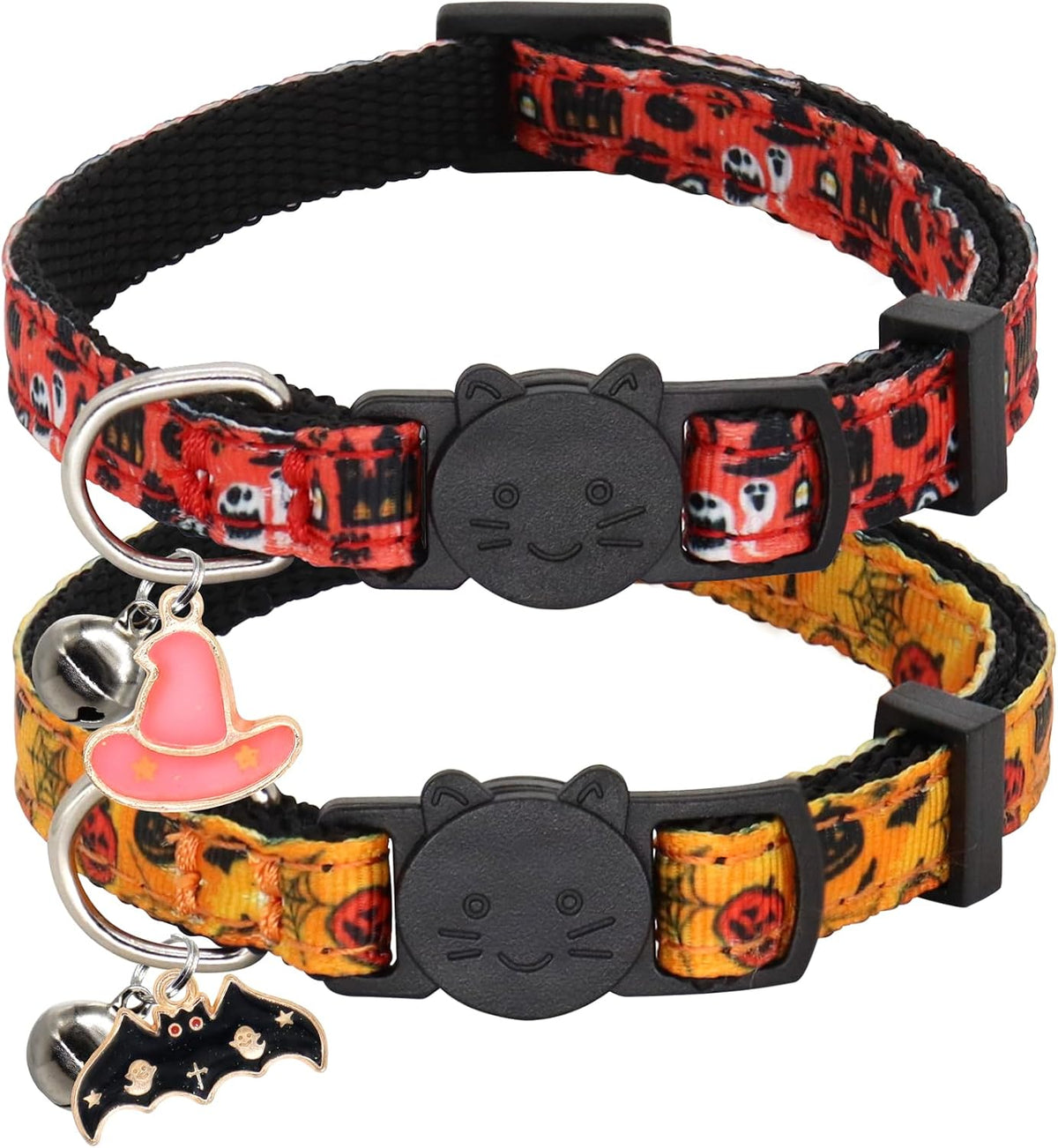 Halloween Cat Collar, Orange+Black - Halloween Orange+Pink / 7-11''