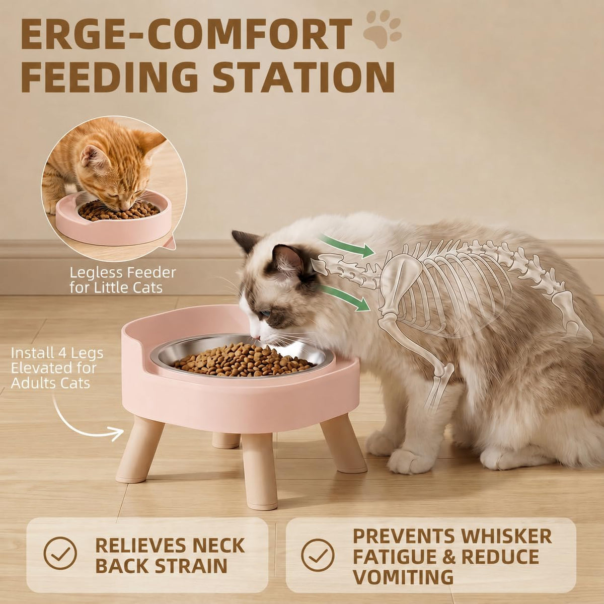 Elevated Cat Bowls, 2P Raised Cat Food and Water Bowl Set for Indoor Cats, Splash Proof with 2 - 2P Cat Bowls - Pink - image 3