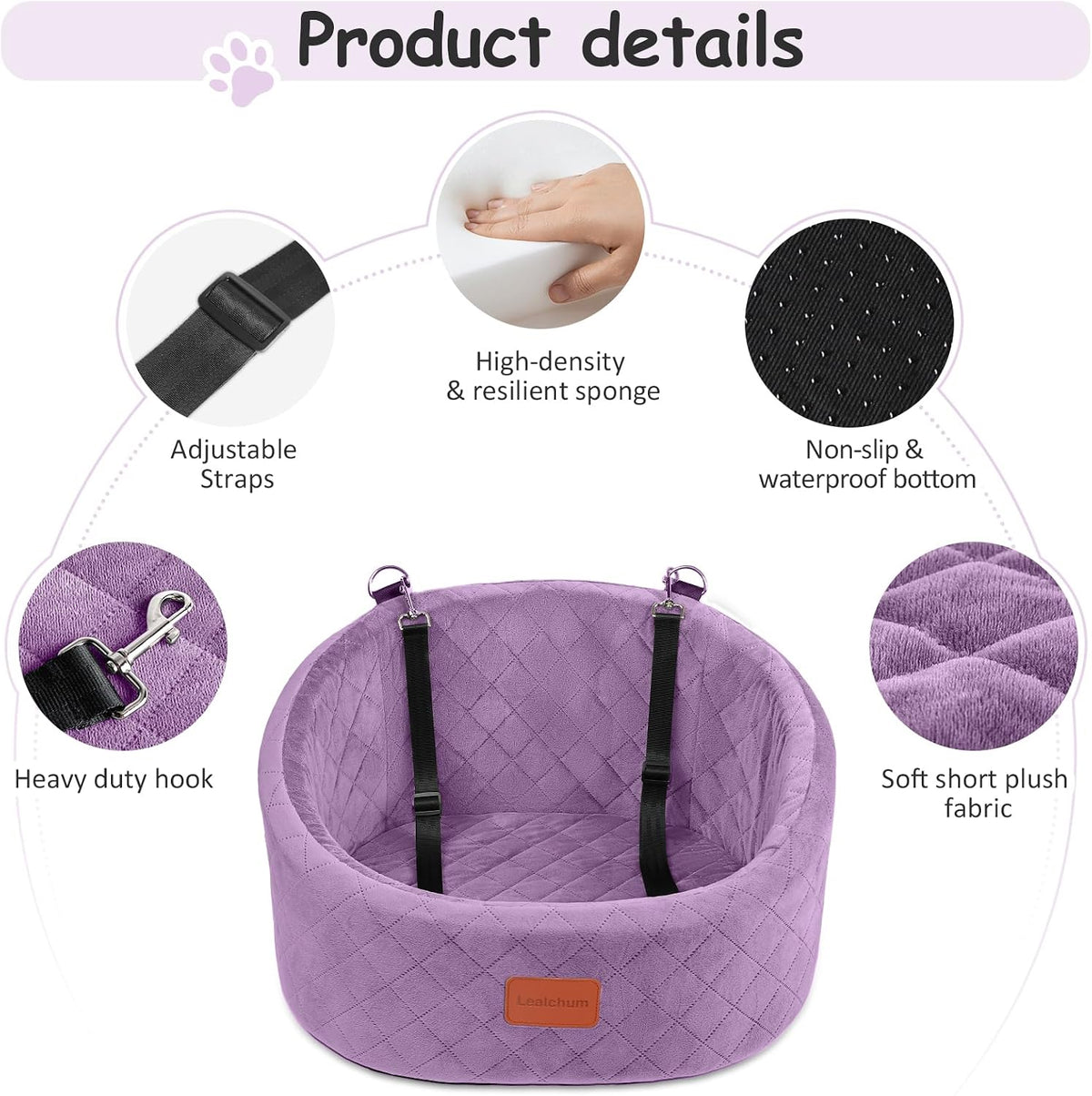 Lealchum Dog Car Seat for Small Dogs Up to 30 Lbs with 2 Safety Dog - Purple / Small - image 3