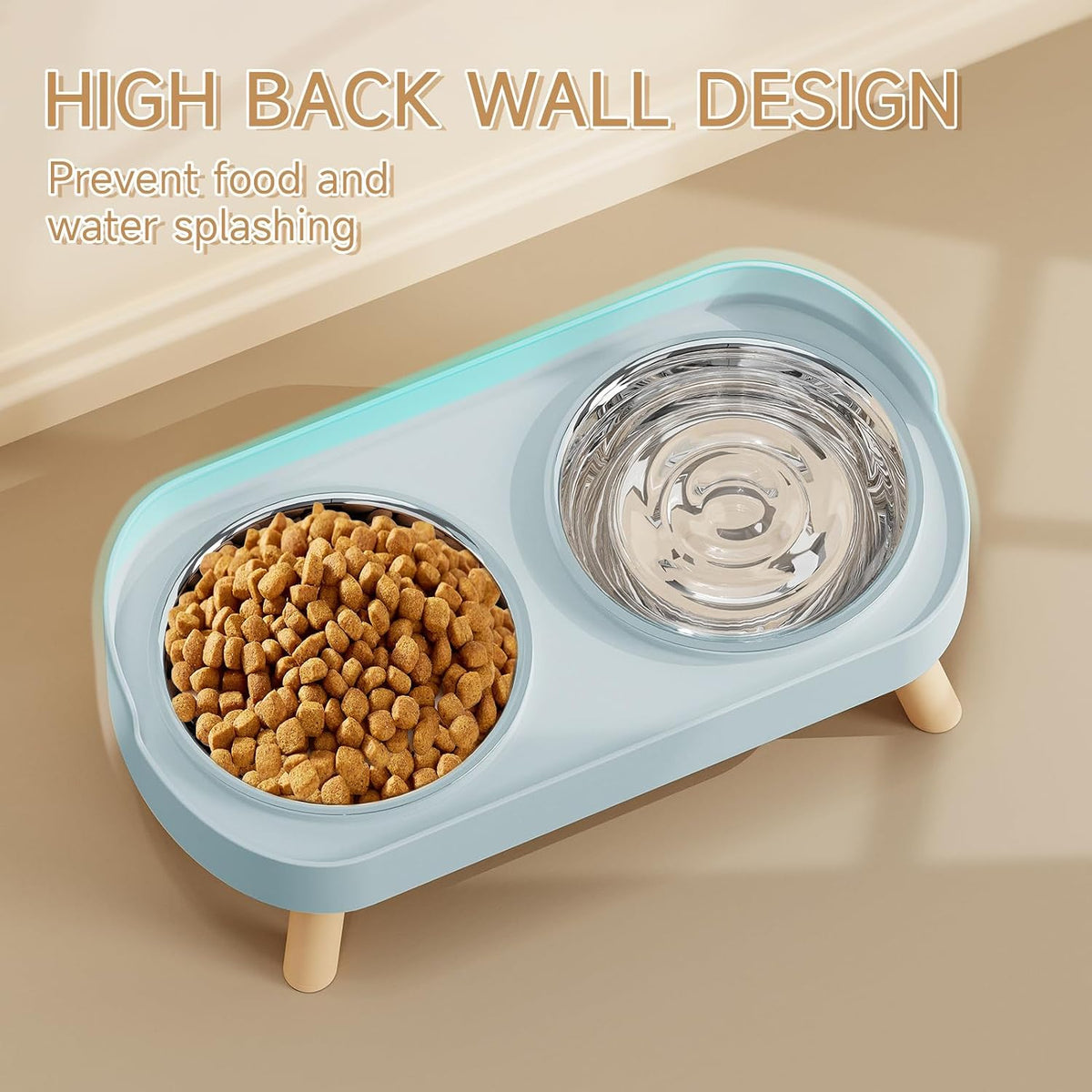 Elevated Cat Bowl, Raised Cat Food and Water Bowl Set for Indoor Cats, Splash Proof with 2 - Cat Bowls-Blue - image 2