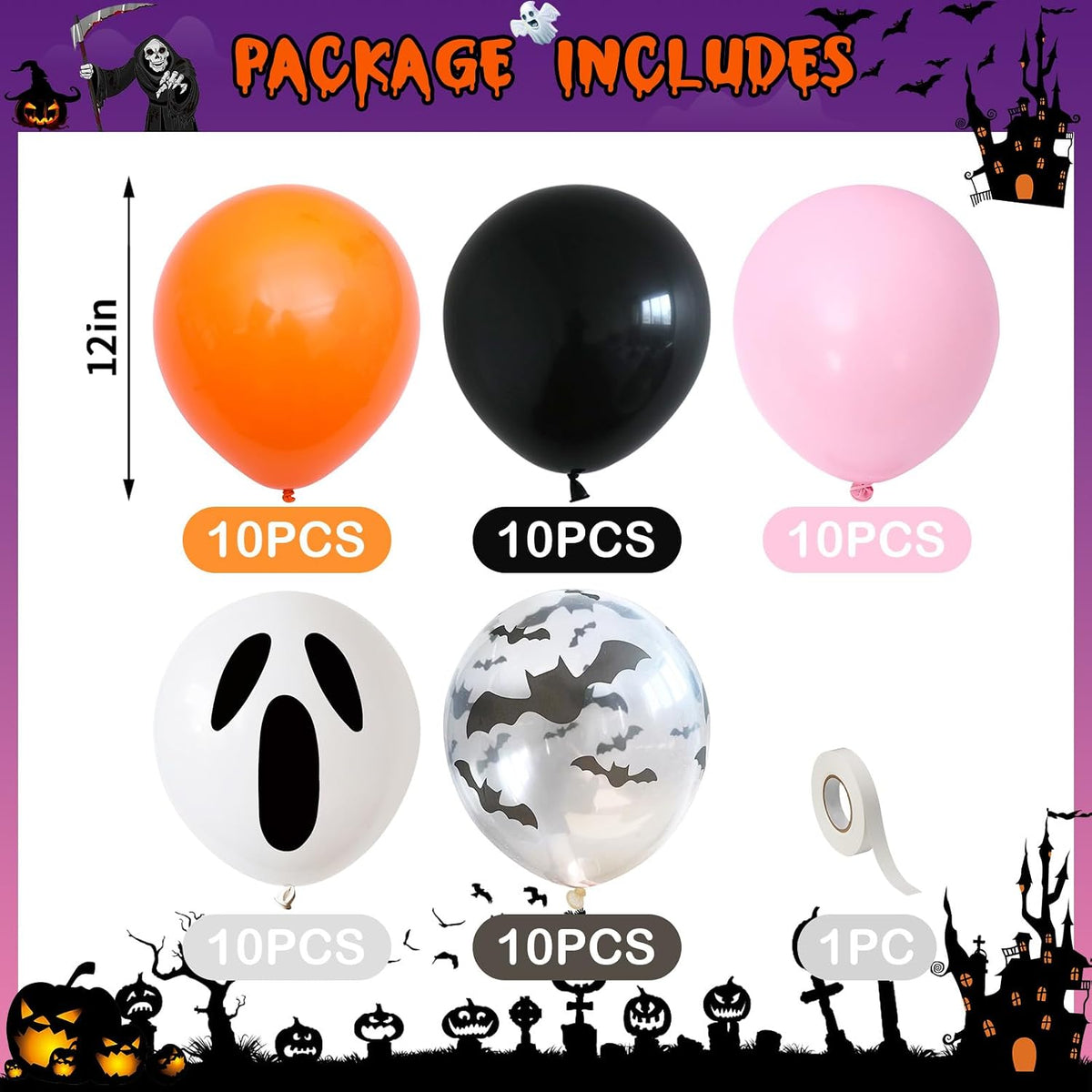 Froova black and white Halloween balloons with ghost and bat prints and bat stickers - view 32