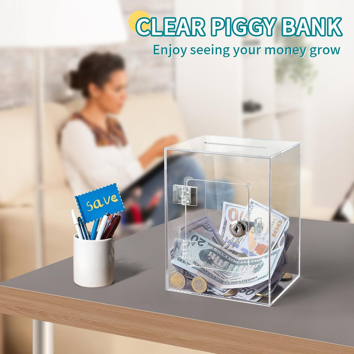 Clear Pink Piggy Bank with Lock & Key for Adults - Clear - image 4