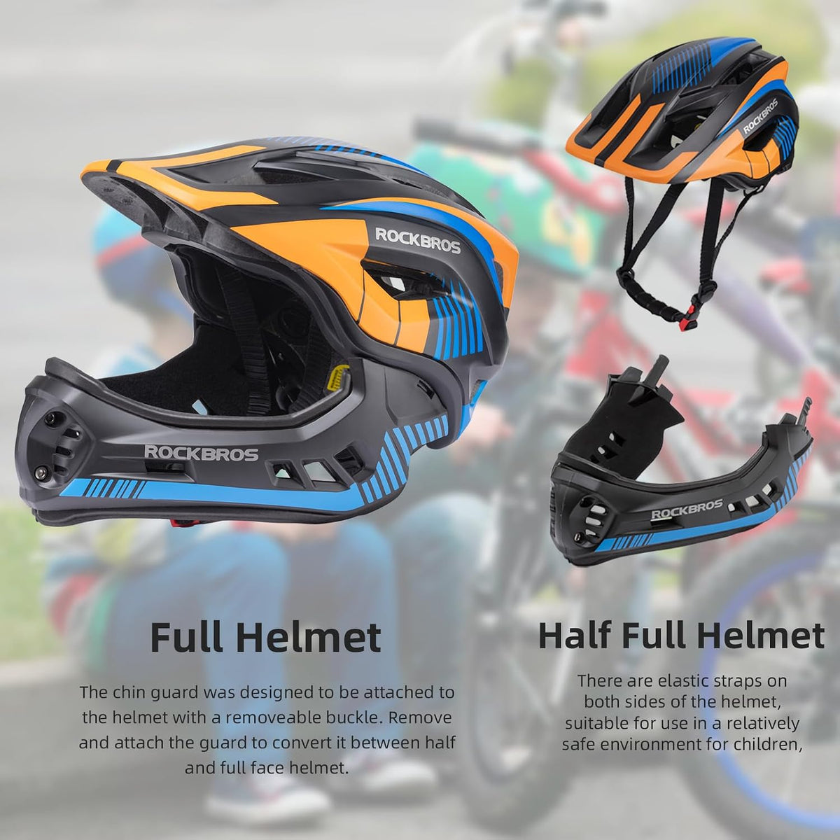 ROCKBROS Kids Full Face Bike Helmet Lightweight Detachable MTB Helmet – Fun for Kids & Family - Black Orange / Small - image 3