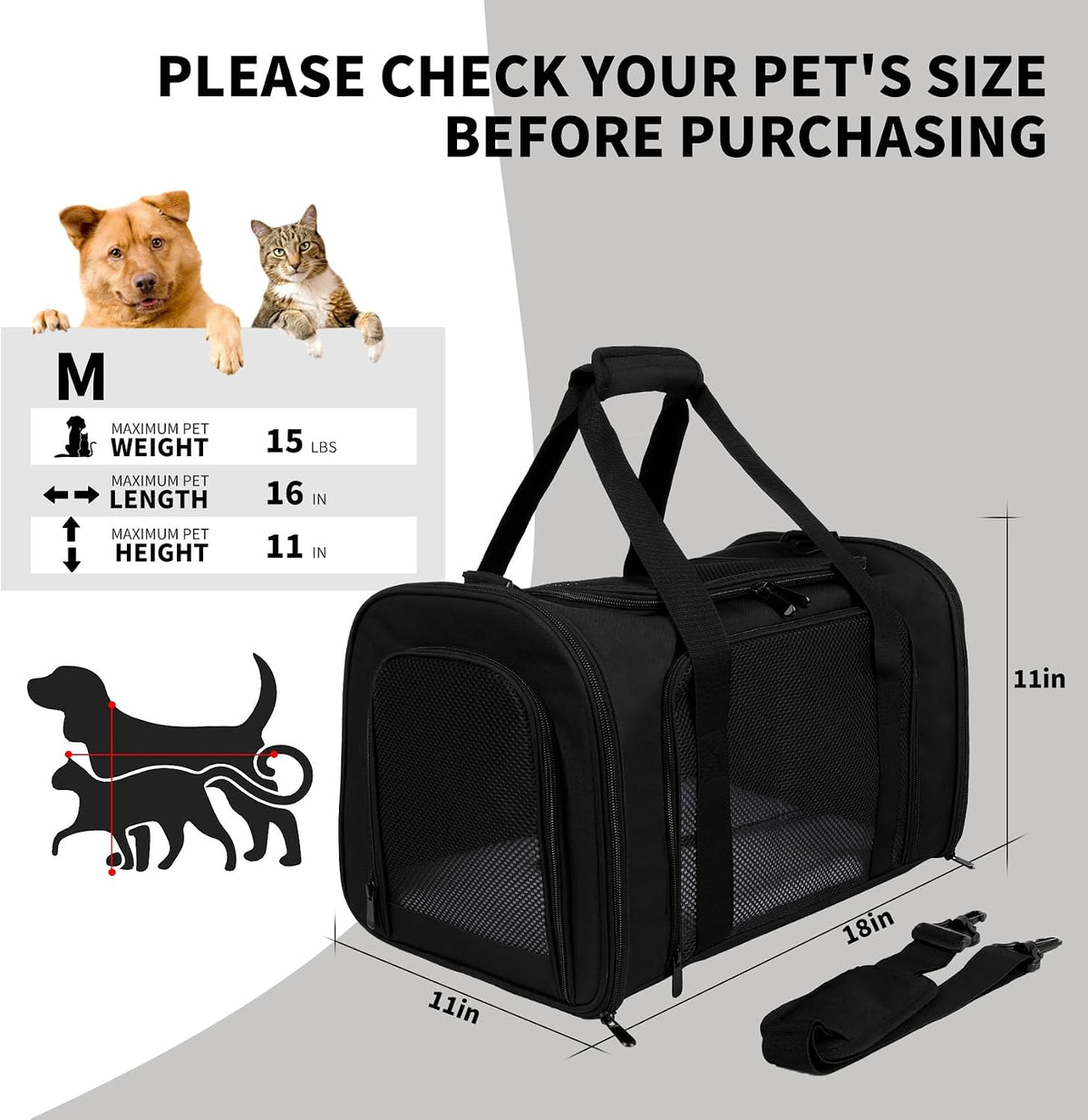 Cat Dog Carriers Soft-Sided - 17.0"L x 11.0"W x 11.0"H / black - image 4