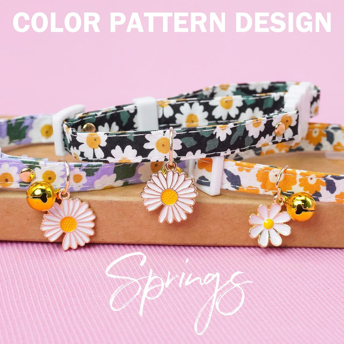 Cat Collar Breakaway, Soft Kitten Collar with Bell, Daisy - Floral (Pack of 3) - image 2