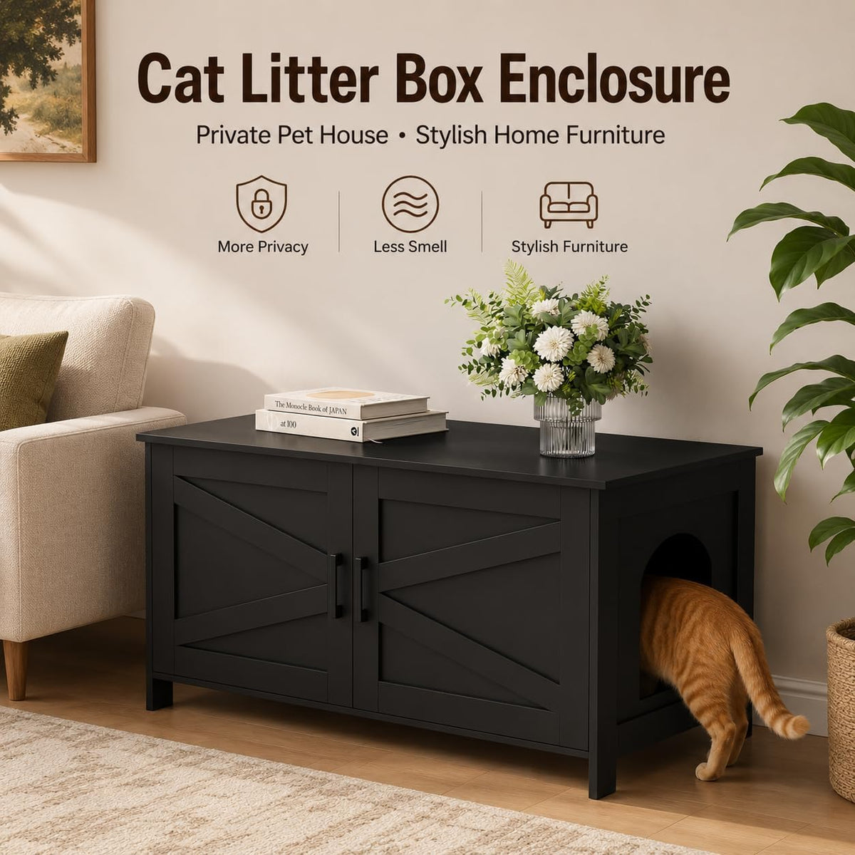 31.5" L Cat Litter Box Enclosure with Barn Door - 39.4"L / Black - image 3