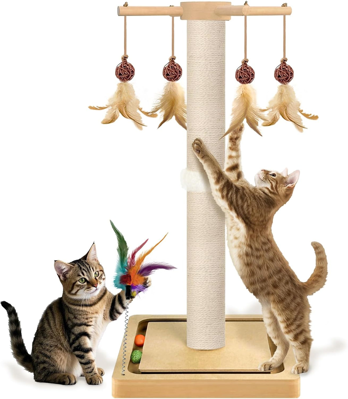 Cat Scratching Post, Sisal Scratcher with Enrichment Toys for Indoor Cats – Essentials for Cats - 33 Inches Tall / Single Track