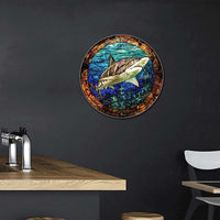 Lygond Metal Sign Tin Sign Circular Stained Glass Shark Funny Outdoor Decor for Garage 8×8 Inches