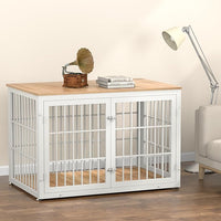 48 Inch Heavy Duty Dog Crate Furniture for Large Dogs, Decorative Pet House End Table, Extra Large Wooden Cage Kennel Furniture Indoor, Natural and White
