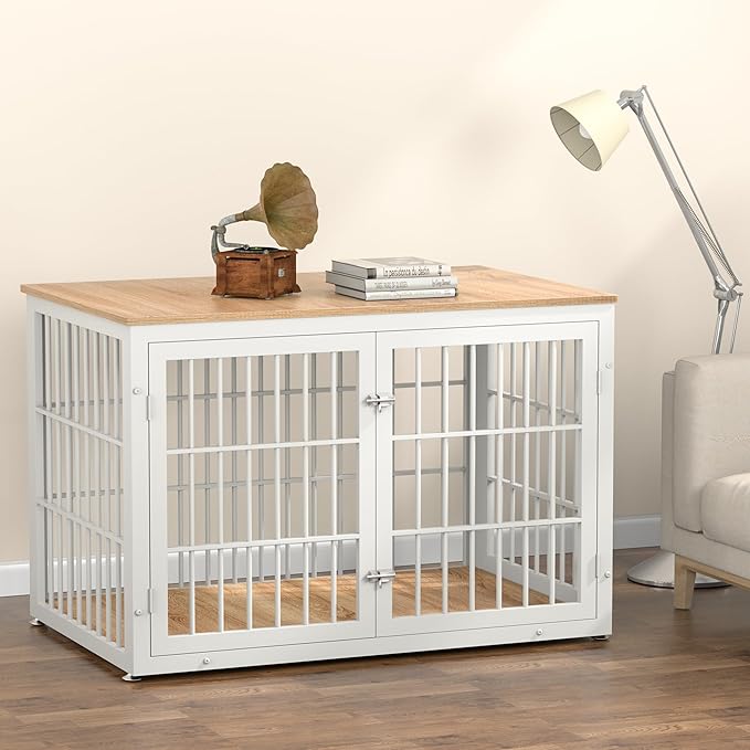 48 Inch Heavy Duty Dog Crate Furniture for Large Dogs, Decorative Pet House End Table, Extra Large Wooden Cage Kennel Furniture Indoor, Natural and White