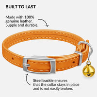 Soft Leather Cat Collar with Safety Elastic Strap - 6-7 Inch / Orange - image 3