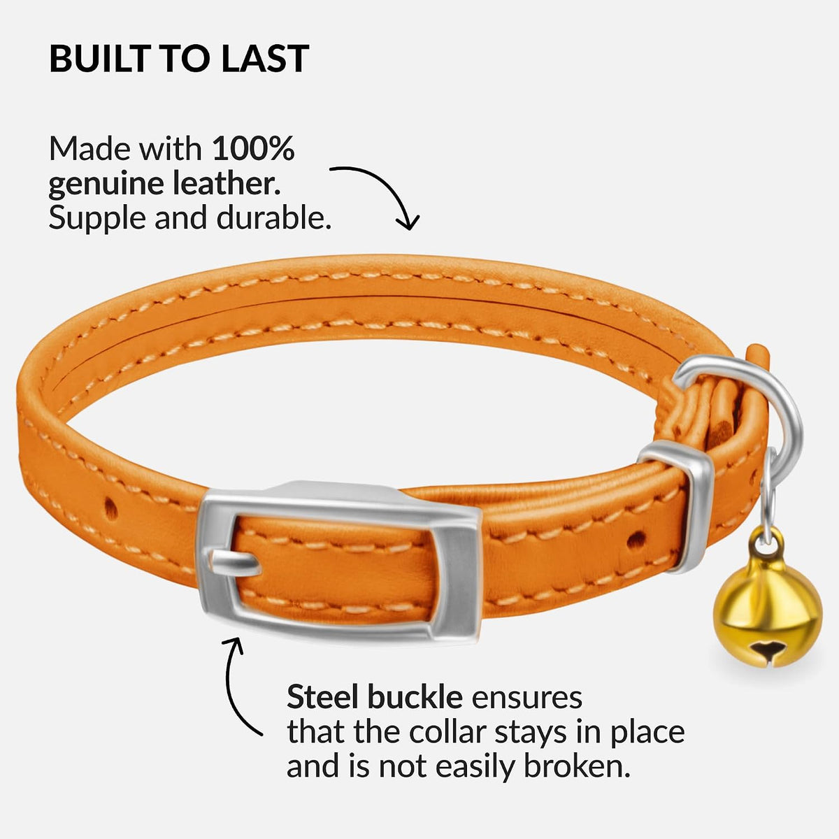 Soft Leather Cat Collar with Safety Elastic Strap - 6-7 Inch / Orange - image 3