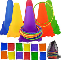 Aykzaqe outdoor games set for kids with traffic cones, colorful rings and bean bags