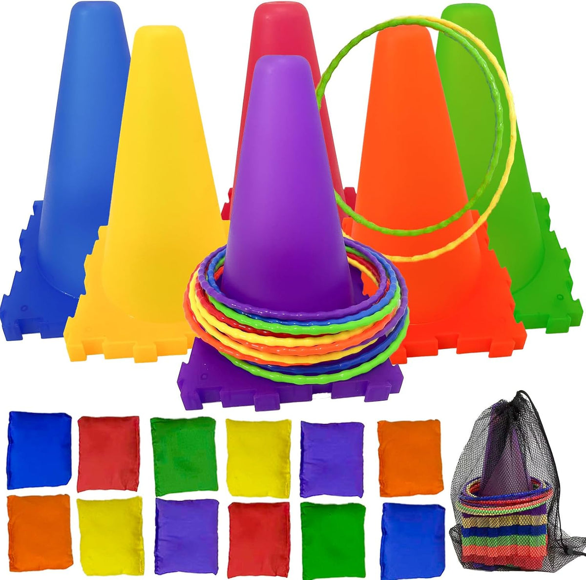 Aykzaqe outdoor games set for kids with traffic cones, colorful rings and bean bags