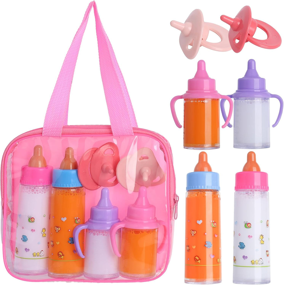 Beem Jun pink baby doll bottles and pacifiers set in a clear zippered bag - view 5