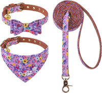 Dog Collar and Leash Set - Embroidery Floral Dog Bow Tie and Bandana Collar with Bell, Cute Flower - Floral Purple / Small