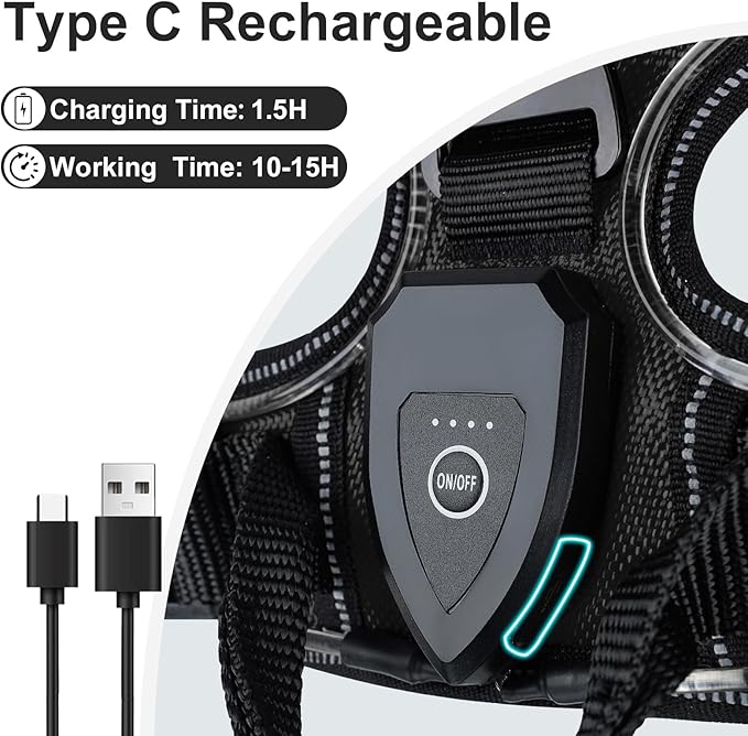 Taglory Light Up Dog Harness, Rechargeable No Pull Dog Vest with 3 Lightning Modes, Reflective Dog Harness with 2 Leash Clips & 4 Adjustable Slide Strips for Large Dogs, Black-Blue, XL