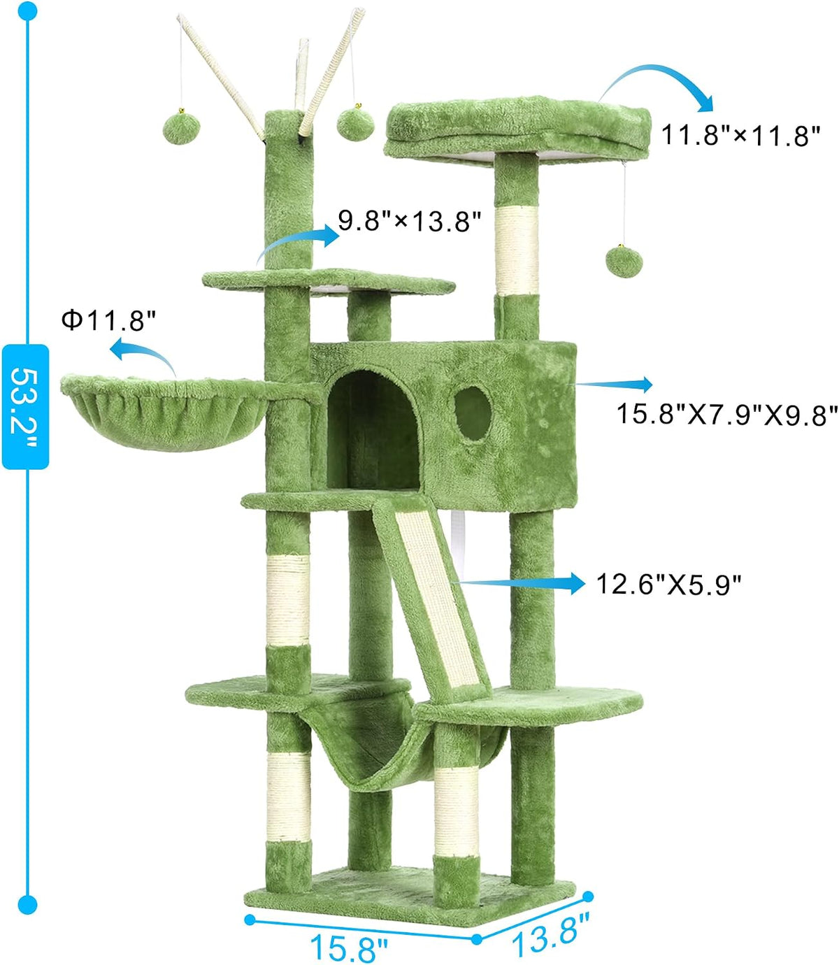 Hey-brother Cat Tree Tower with Padded Platform Bed, Hammock - 53 Inch / Green - image 2
