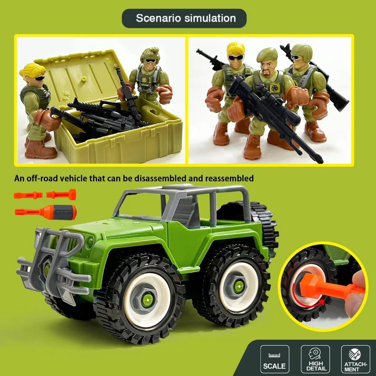 Army Men Action Figures, Soldiers Toys with Weapons for Boys 4-7 - Green+car - image 4