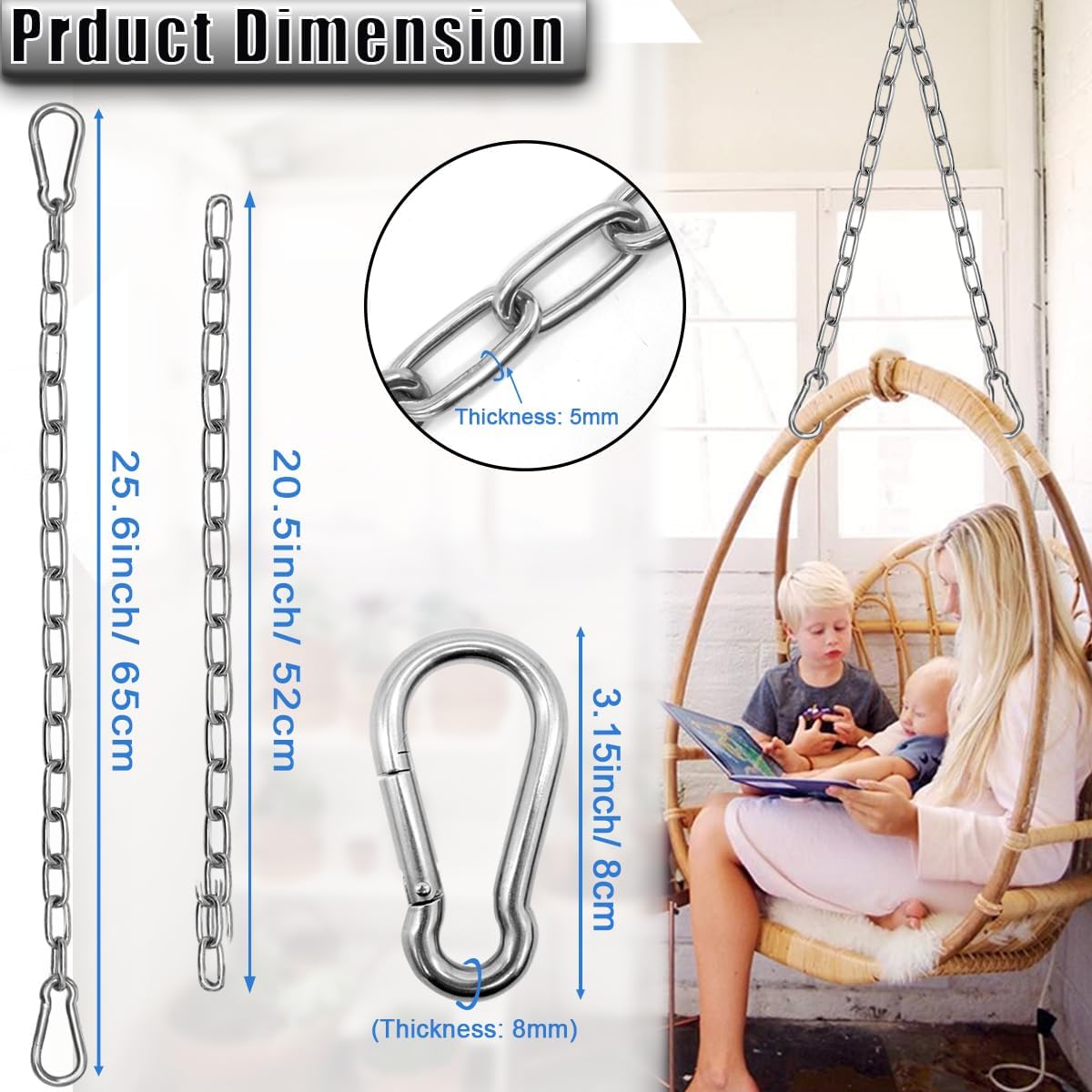 2 Pack Hanging Swing Chain with 4 Carabiners 25in, Swing Chairs - Silver / 25in×2pcs - image 2