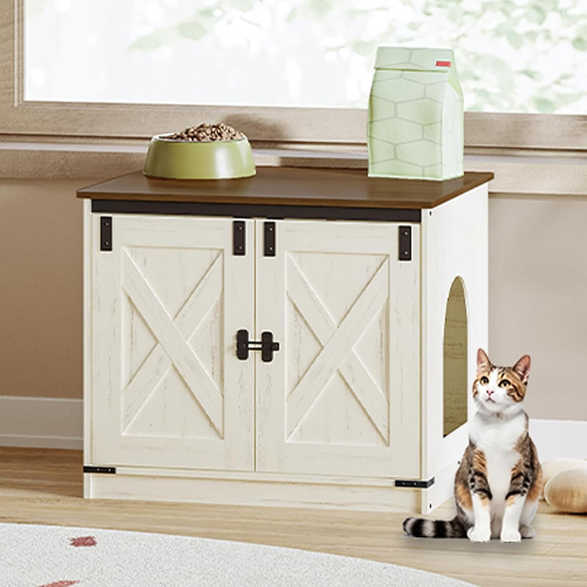 Hzuaneri Cat Litter Box Enclosure - Rustic White and Brown / 23.6"L x 19.7"W x 21.3"H