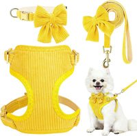 Small Dog Collar Harness and Leash Set with Bowtie - Yellow-Harness / S: Neck 10-16", Chest 14-18.9"
