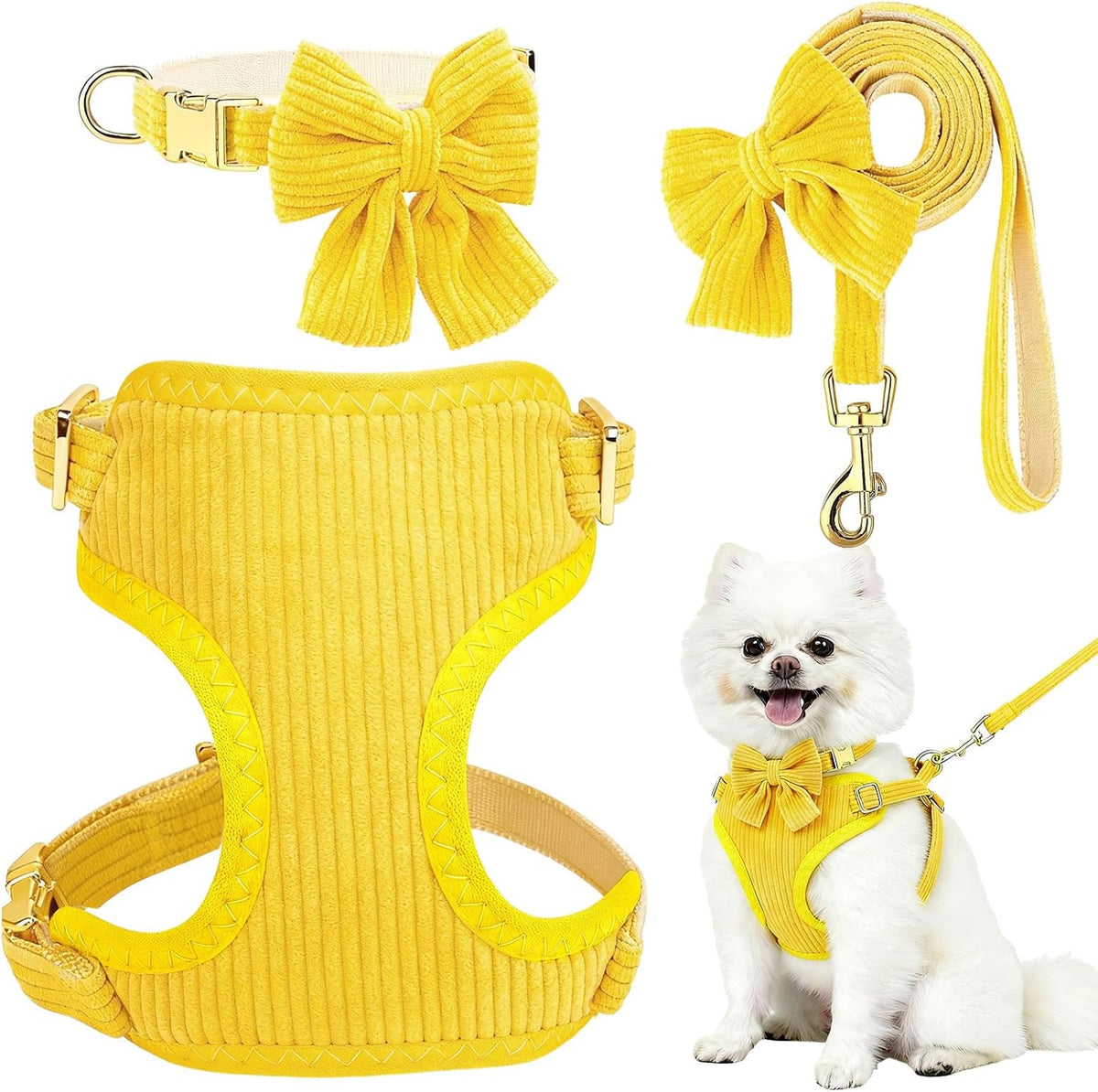 Small Dog Collar Harness and Leash Set with Bowtie - Yellow-Harness / S: Neck 10-16", Chest 14-18.9"