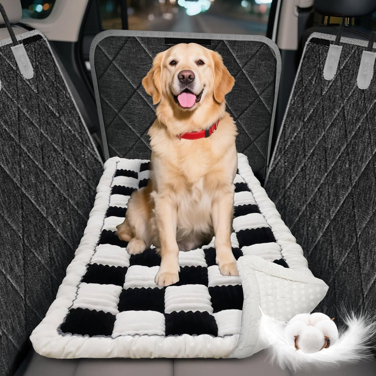 Thickened Dog Bed for Car Back Seat, Upgraded Bottom Non-Slip - White-Black