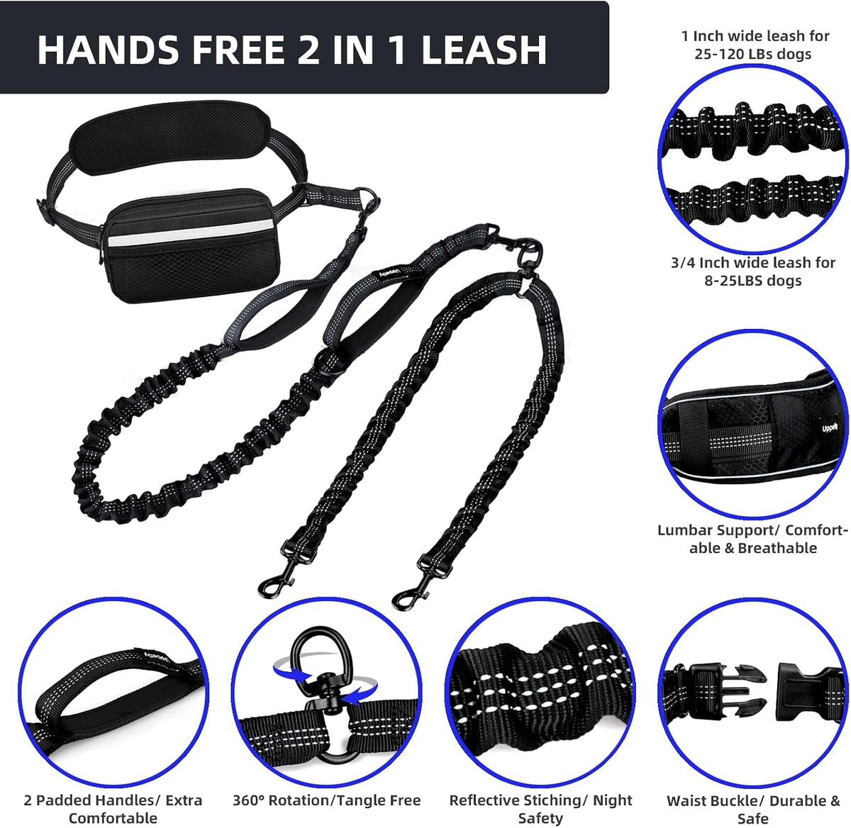 Uppetly Hands Free Double Dog Leash with Pouch - Black / Medium/Large - image 3