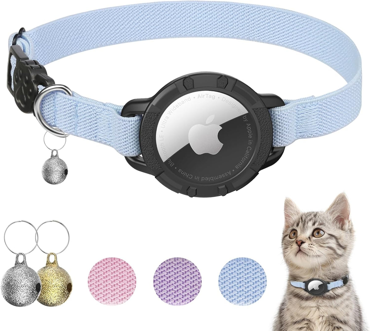 AirTag Cat Collars, Stretchy Collar with Air Tag Holder and Bell – Essentials for Cats - Blue