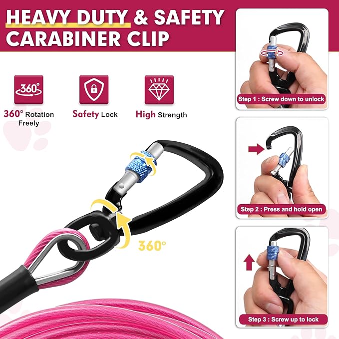 Snagle Paw Dog Leads for Yard 50FT-1000LBS Break Strength,Heavy Duty Tie Out Cable for Dogs with Swivel Lockable Hook & Spring,Chew Proof Dog Chain for Outside,Dog Run Cable for Medium Large Dogs