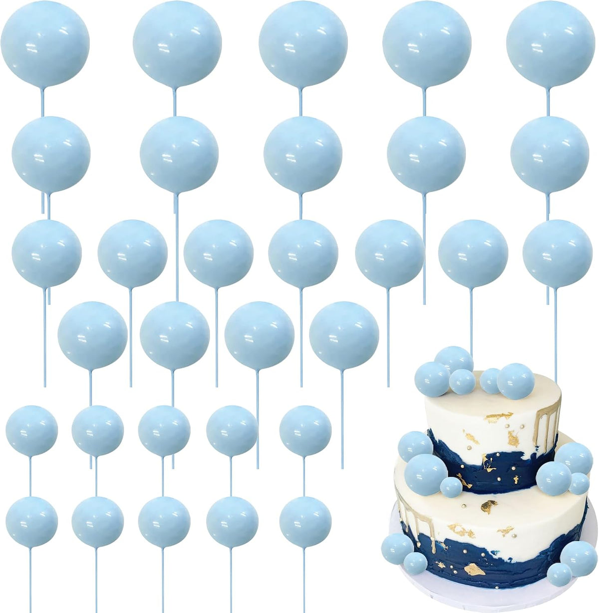 ZHUOWEISM ball cake toppers, 24 mini balloon picks in blue, gold and white - view 7