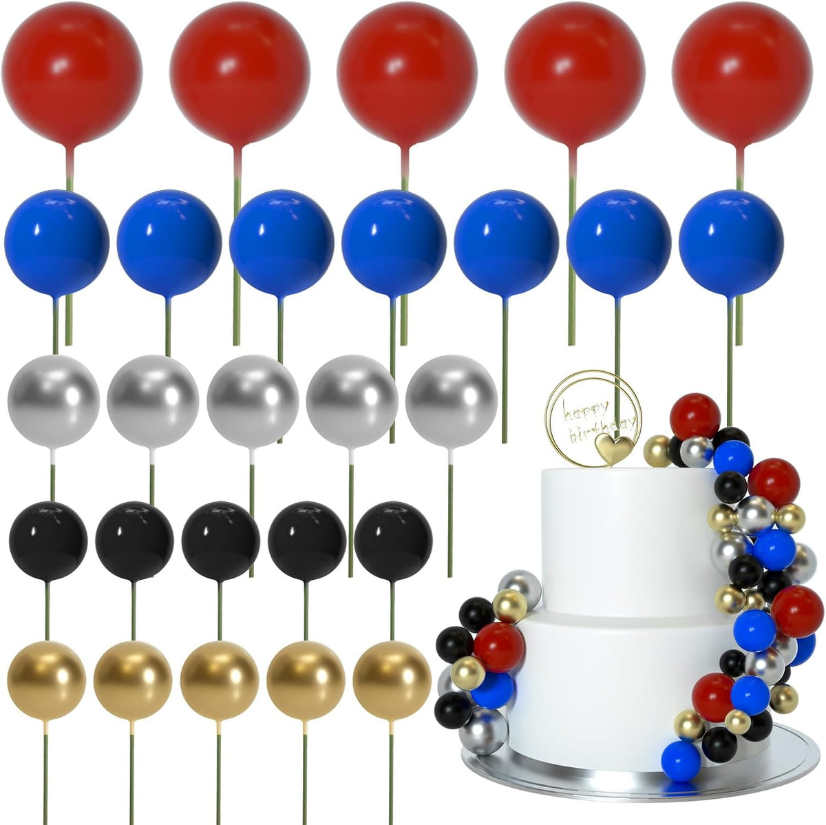 ASTARON 50 Pcs Ball Cake Topper Sticks Mini Balloons for Cake - Red Blue Series