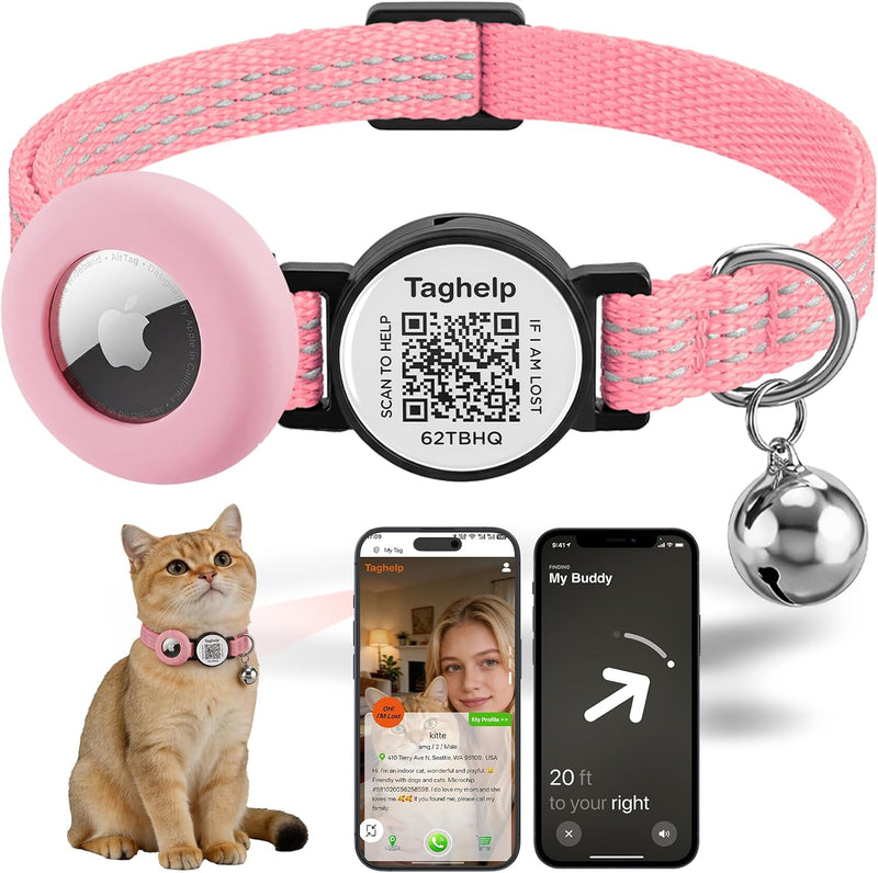 AirTag Holder Breakaway Cat Collar QR Code, Reflective Bell – Essentials for Cats - Dot Matrix Reflective - Pink / with Integrated AirTag Holder