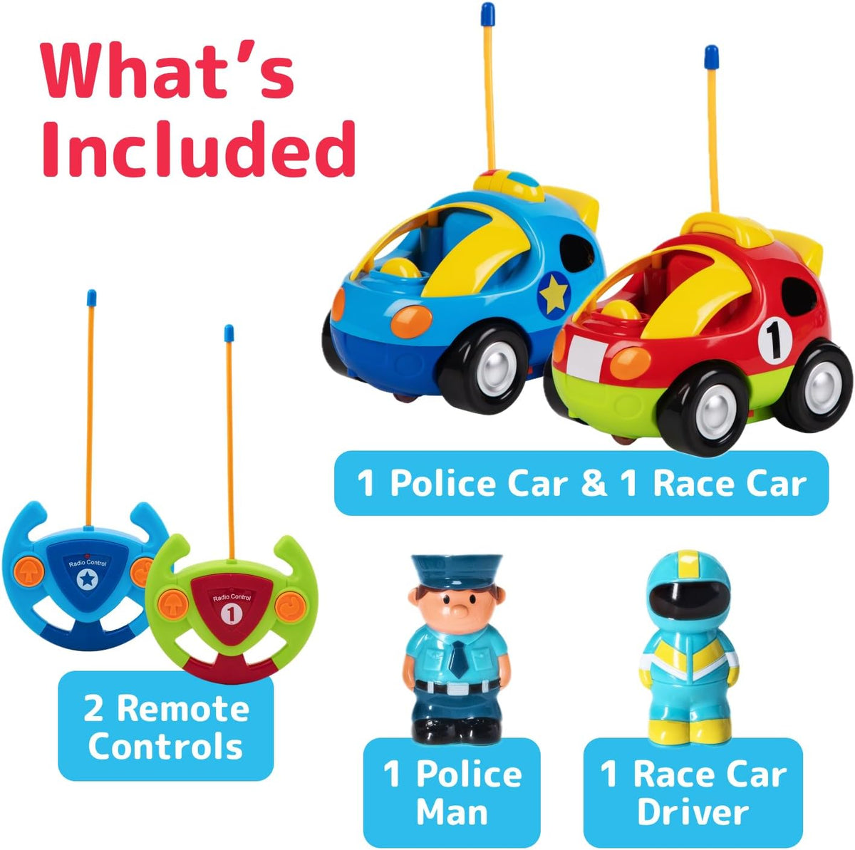 PREXTEX 2 Pack Cartoon Remote Control Cars for Toddlers - Race Car/Police Car - image 2