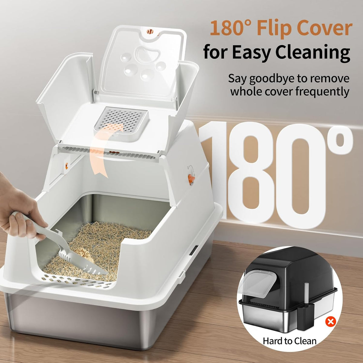 Stainless Steel Cat Litter Box with Lid, Flip-Top XL Large - White - image 2