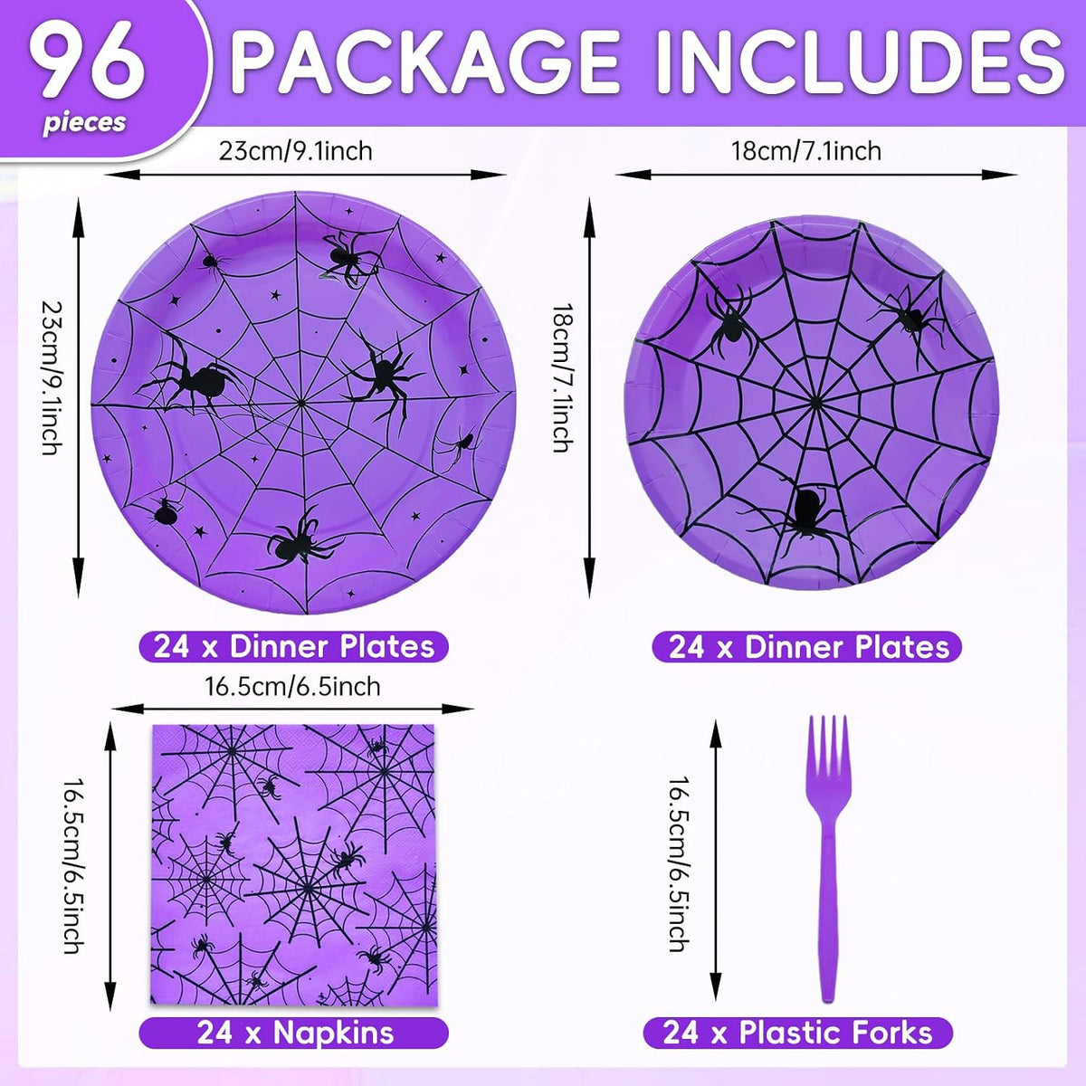 Gistome 96-piece Halloween spider web tableware set with plates, napkins and forks - view 10