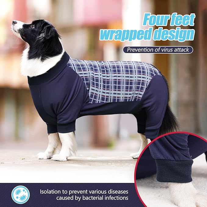 Dog Recovery Suit, Abdominal Wound After Surgery Wear, Anti Licking Bodysuit with Zipper, E-Collar & Cone Alternatives, Plaid Dog Spay Surgical Shirt Prevent Shedding(Small, Blue)