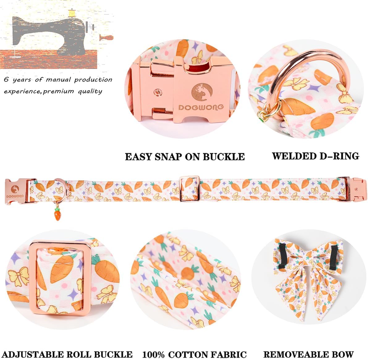 DOGWONG Fall Pumpkin Orange Plaid Dog Collar - C-Carrot sailor bow / S - image 3