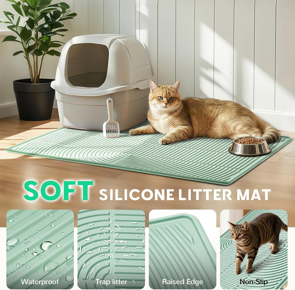 Cat Litter Mat,47" x 35" Extra Large Silicone Waterproof Litter Trapping Mat for Scatter Control - 40" x 28" / Green - image 3