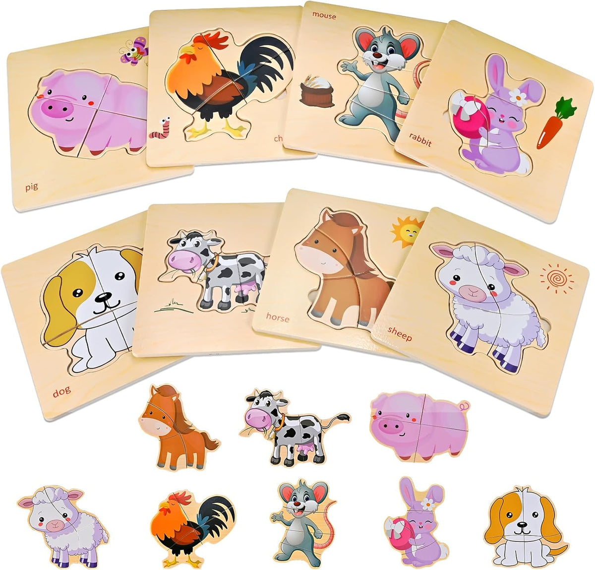 8pcs Wooden Puzzles for Toddlers 1-3, Toddler Puzzles Ages 2-4 – Fun for Kids & Family - Farm Animal