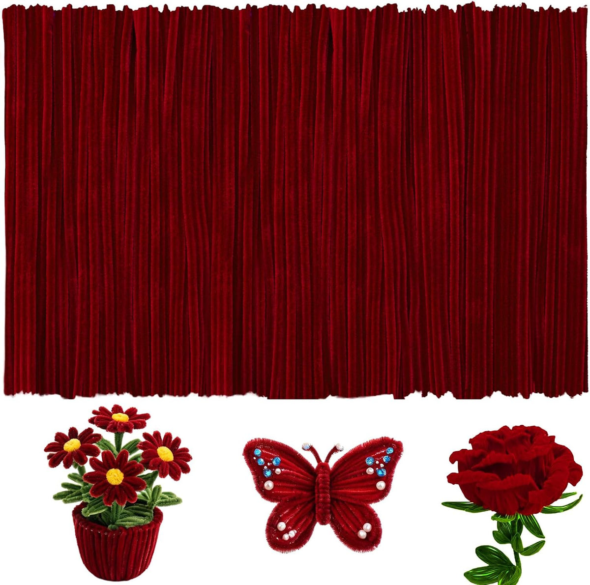 Black Pipe Cleaners for Crafts, Craft Supplies, Arts and Crafts - Rose Red