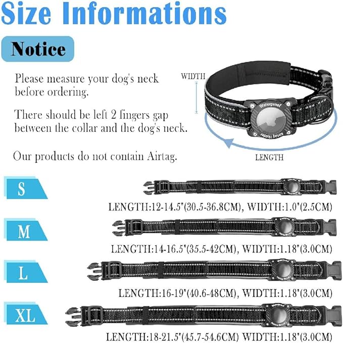 Upgraded AirTag Dog Collar, IP68 Waterproof Dog Collar with Apple Air Tag Holder, Reflective Adjustable Heavy Duty Dog Collars with Soft Padded for Small, Medium and Large Dogs,Black, XL